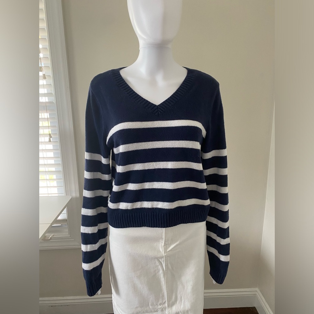Hollister WMN’s Blue and White Classic V-Neck Sweater Size L